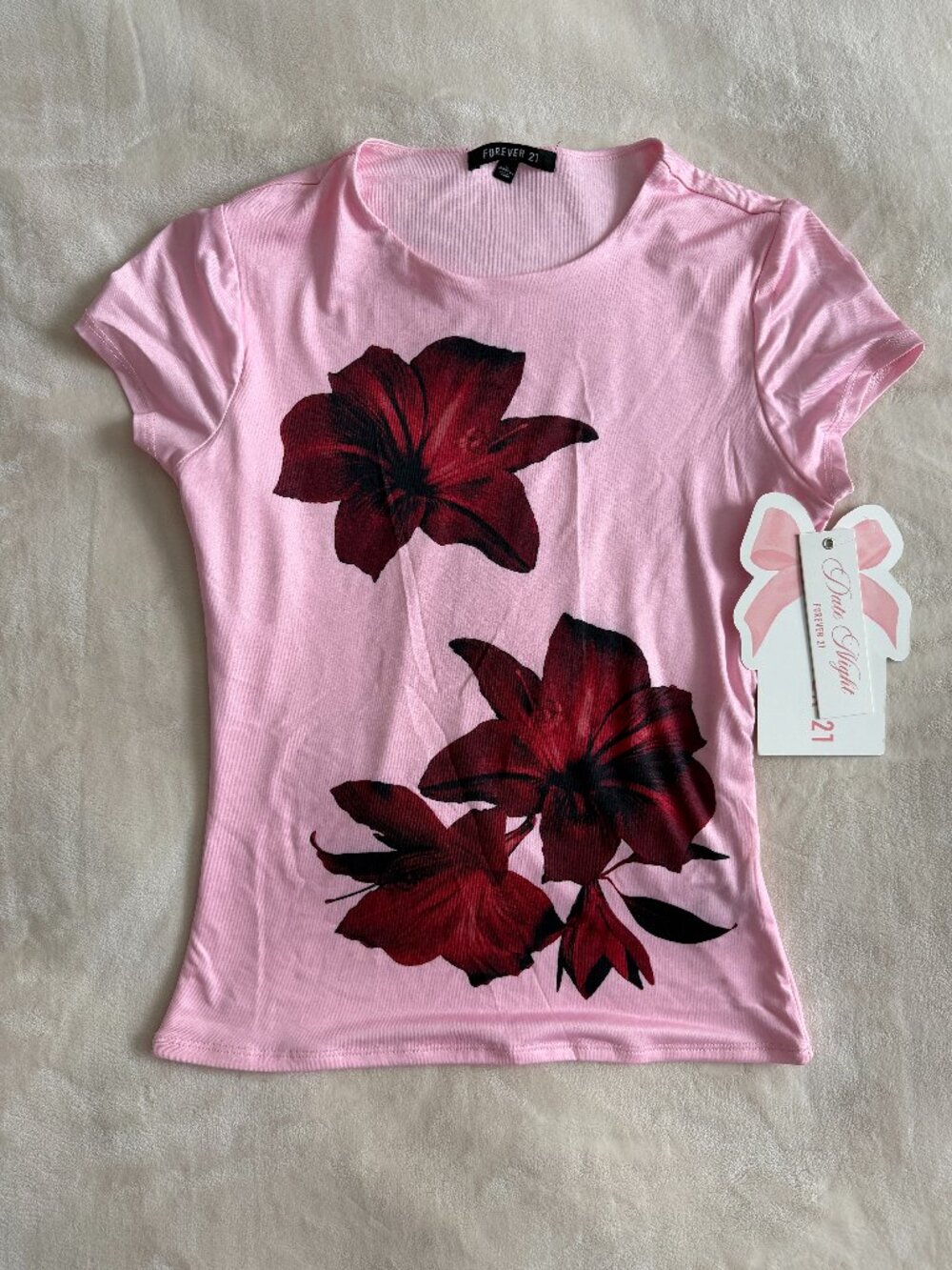 Forever 21 Womens L Pink Red Hibiscus Floral Baby Tee Fitted Y2K Top NWT
